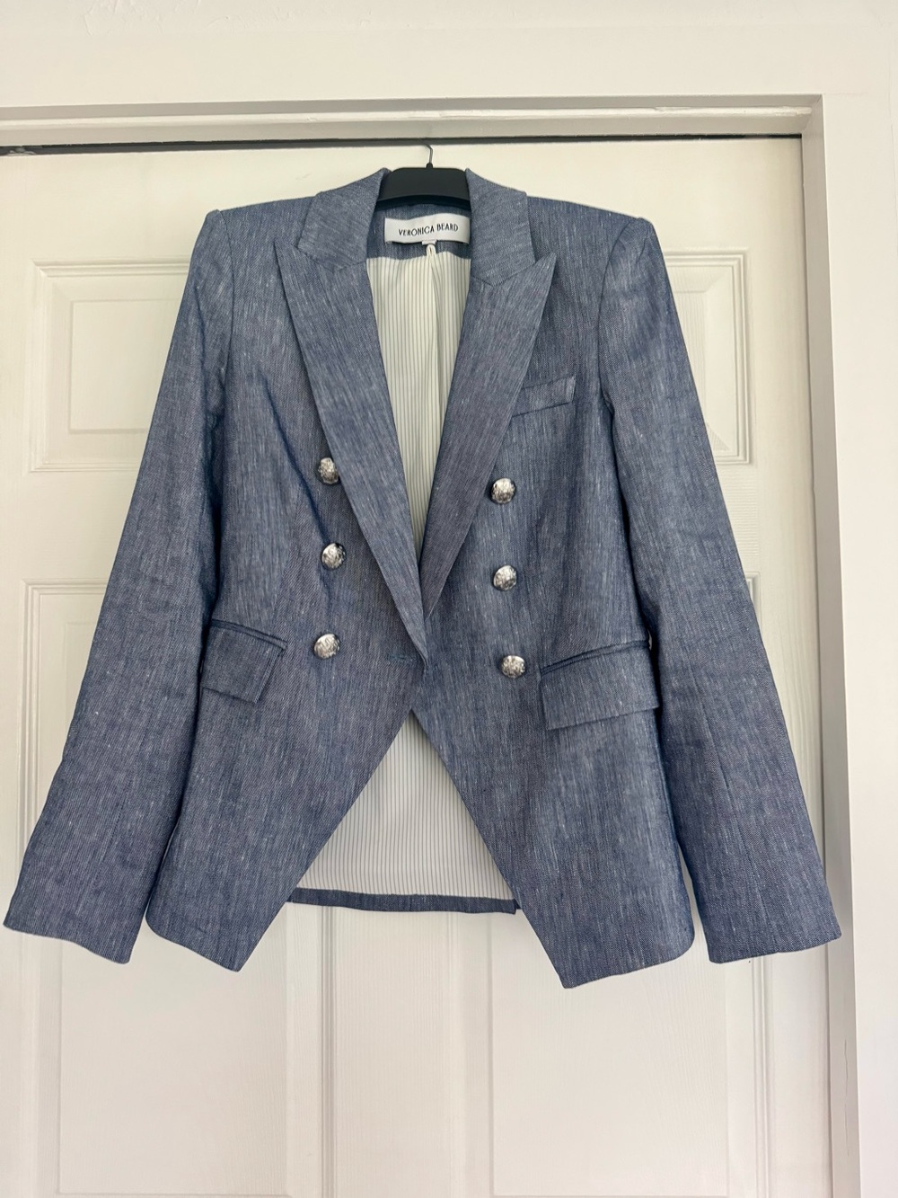 Veronica Beard Miller Linen Dickey Blazer Blue Melange Size 2
